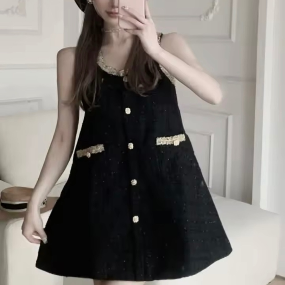 New Contrast Tweed Vest Mini Dress A Line Loose Single Breasted Pullover Women